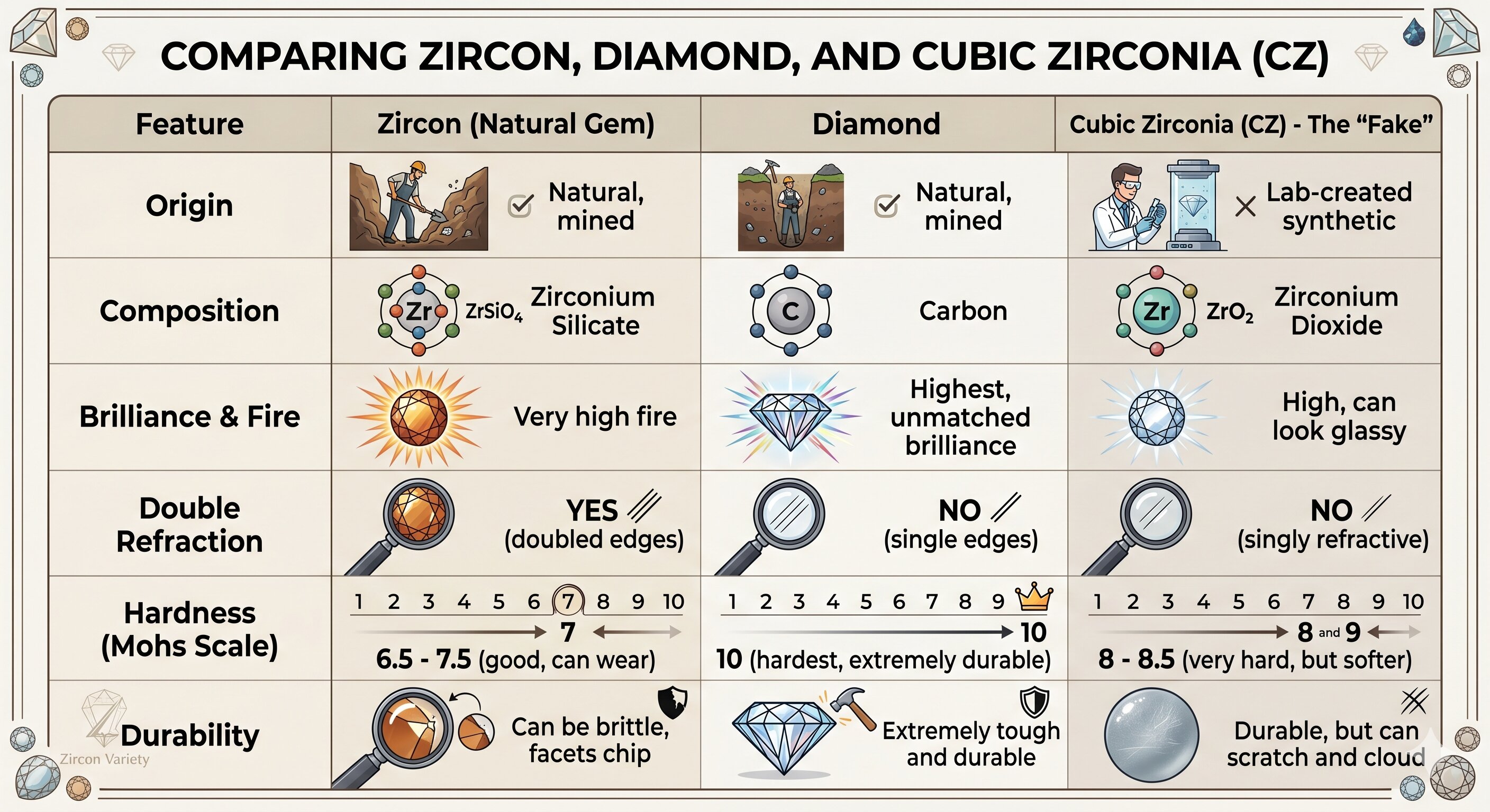 comparing zircon diamond and cubic zirconia